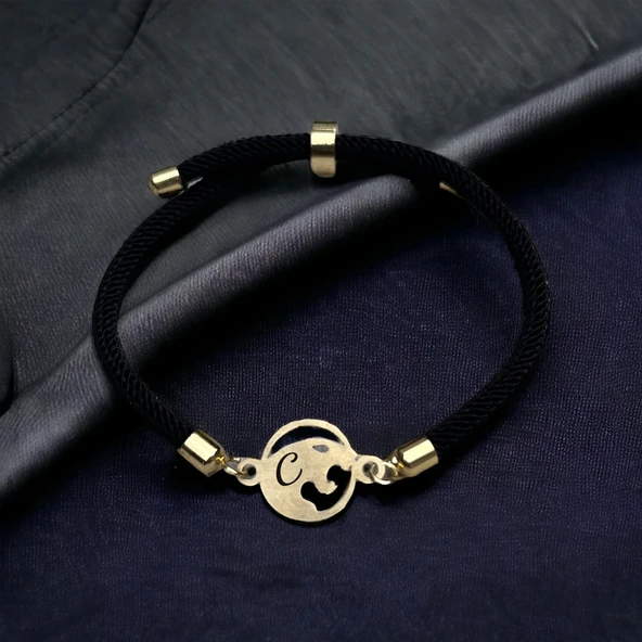 Harfe Özel 14 Ayar Altın Plakalı Aslan Motifli Siyah İpek Örgülü Hediye Bileklik-411 ürün görseli