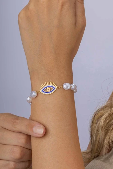 Gümüş Pazarım Altın Kaplama Beyaz İnci Geçişli Göz Figürlü Altın Kaplama Çelik Kadın Bileklik - 3