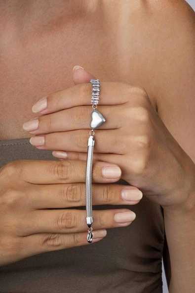 Gümüş Pazarım Baget Taşlı Kalp Figürlü İtalyan Zincir Beyaz Altın Kaplama Çelik Kadın Bileklik - Resim 2