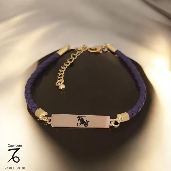 Burca Özel Dikdörtgen Figürlü Doğal Mor Derili 14 Ayar Altın Plakalı Hediye Bileklik-412 ürün görseli