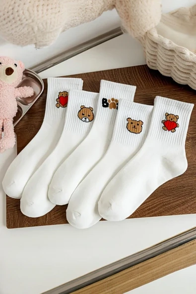 Kadın 5 Çift Premium Kalite Beyaz Renkli Ayıcık ve Kalp Desenli Kısa Soket Çorap - 4