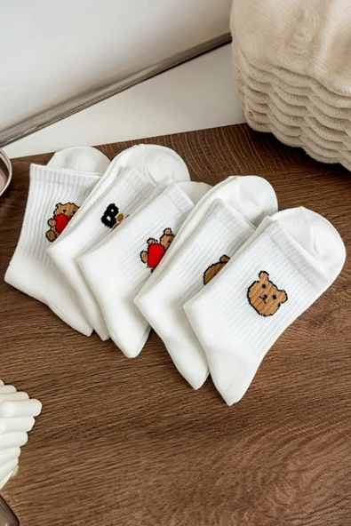 Kadın 5 Çift Premium Kalite Beyaz Renkli Ayıcık ve Kalp Desenli Kısa Soket Çorap - 5