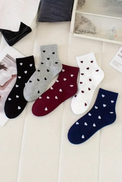 Kadın 5 Çift Premium Kalite Minimal Kalp Desenli Kısa Kolej Çorap Çok Renkli - Resim 2