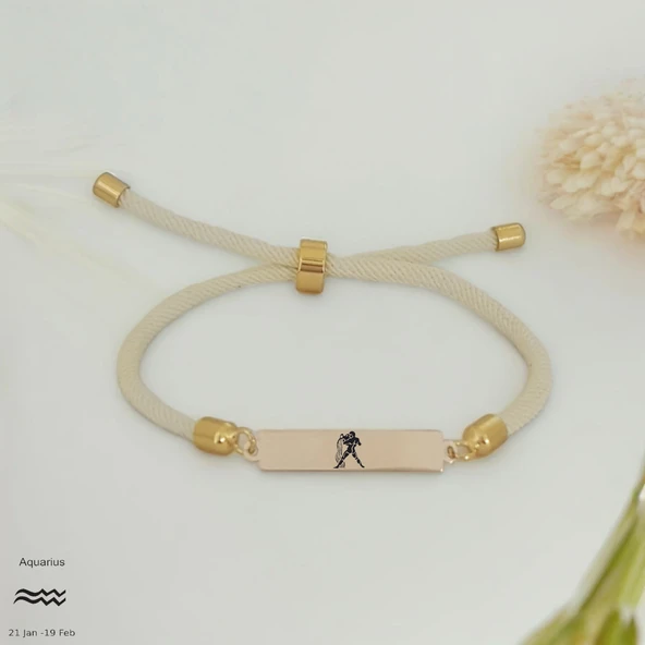 Burca Özel Dikdörtgen Motifli Beyaz İpek Örgülü 14 Ayar Altın Plakalı Hediye Bileklik-413 ürün görseli