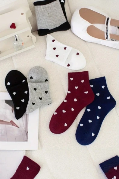 Kadın 5 Çift Premium Kalite Minimal Kalp Desenli Kısa Kolej Çorap Çok Renkli - Resim 5