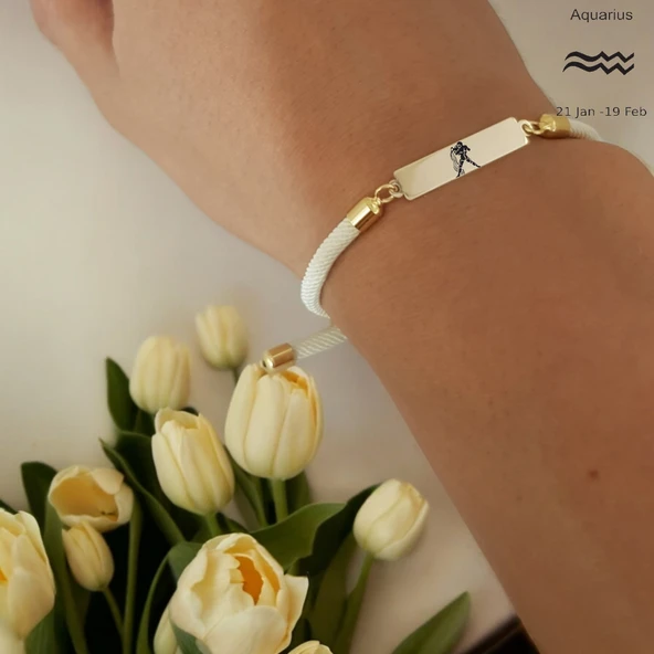 Burca Özel Dikdörtgen Motifli Beyaz İpek Örgülü 14 Ayar Altın Plakalı Hediye Bileklik-413 - Resim 2