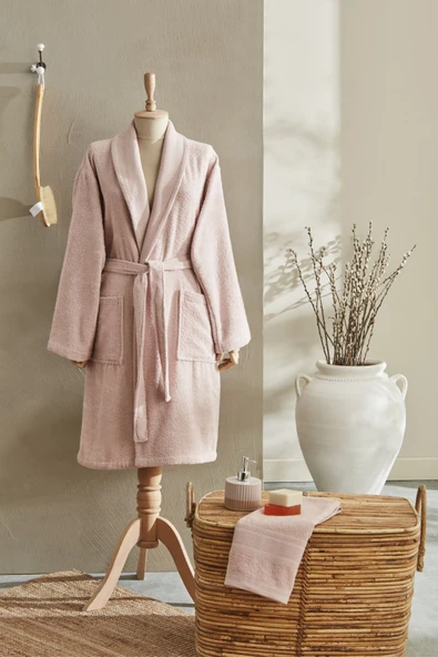 Andy  Pamuk Bornoz Seti L/XL Pudra - Resim 10