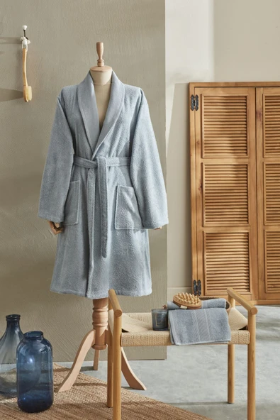 Andy %100 Pamuk Bornoz Seti S/M Mavi - Resim 11