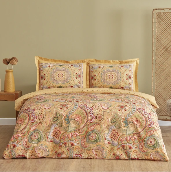 Karaca Home Manas %100 Pamuk Çift Kişilik Nevresim Takımı Hardal - Resim 6