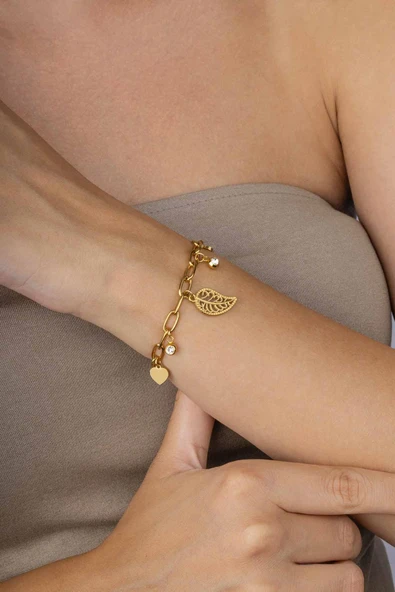 Gümüş Pazarım Yaprak Kalp Figürlü Altın Kaplama Çelik Kadın Bileklik