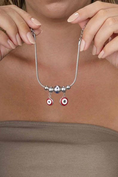 Gümüş PazarımKırmızı Mineli Göz Figürlü Beyaz Altın Kaplama Çelik Kadın Charm Bileklik ürün görseli 1