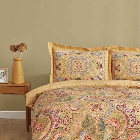 Karaca Home Manas %100 Pamuk Çift Kişilik Nevresim Takımı Hardal - Resim 7