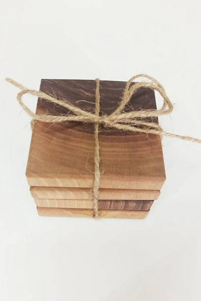 Ahşap Kare Bardak Altlığı 4'lü - Ceviz Ağacı - 5