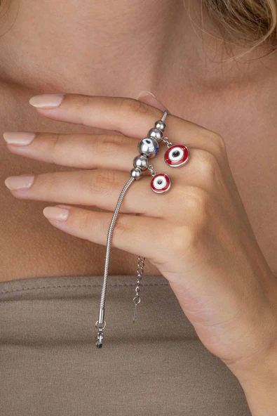 Gümüş PazarımKırmızı Mineli Göz Figürlü Beyaz Altın Kaplama Çelik Kadın Charm Bileklik - Resim 2
