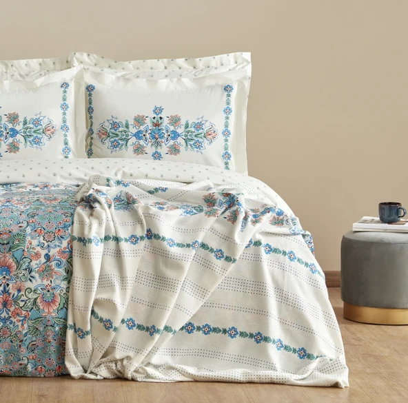 Karaca Home Arney %100 Pamuk Çift Kişilik Nevresim Pike Hediyeli Takımı Mavi - Resim 5