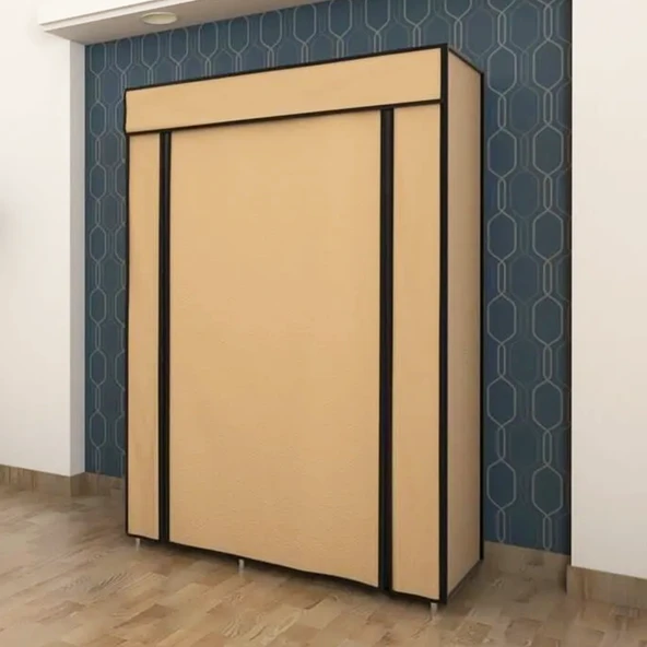 Tek Yandan Raflı Askılı Plastik Profilli Kumaş Bez Dolap, Geniş Portatif Gardırop - Bej - 2