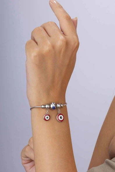 Gümüş PazarımKırmızı Mineli Göz Figürlü Beyaz Altın Kaplama Çelik Kadın Charm Bileklik - Resim 3
