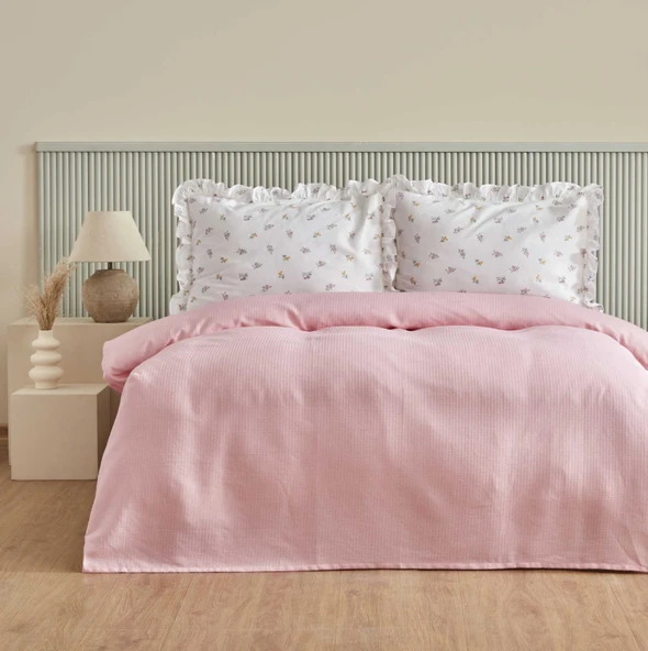 Karaca Home Lidya %100 Pamuk Çift Kişilik Pike Takımı Pudra  - Resim 5