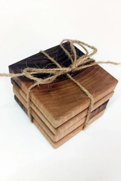 Ahşap Kare Bardak Altlığı 4'lü - Ceviz Ağacı