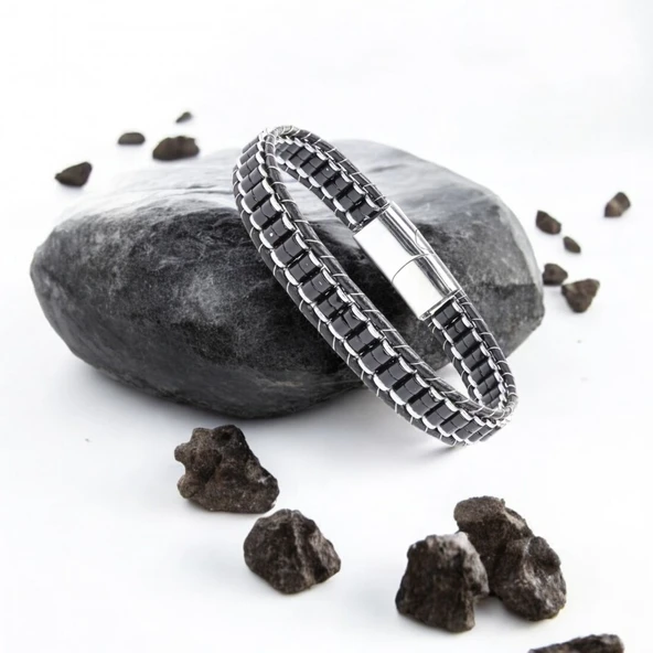 Oniks & Hematit Çelik Örgülü Deri Bileklik 31832B22D2 - Resim 3