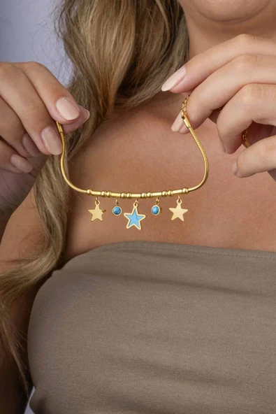 Gümüş Pazarım Firuze Taşlı Yıldız Figürlü Altın Kaplama Çelik Kadın Charm Bileklik ürün görseli 1