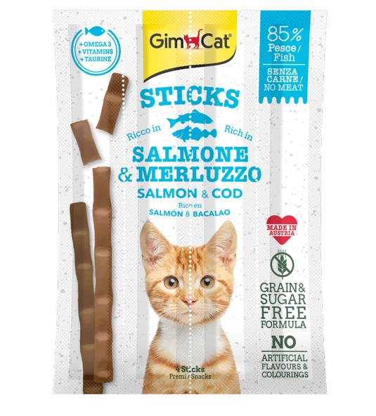 Gimcat Sticks Somonlu ve Morina Balıklı Tahılsız Kedi Ödül Çubukları 4'lü 20 Gr