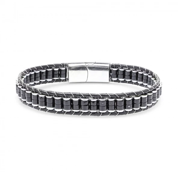 Oniks & Hematit Çelik Örgülü Deri Bileklik 31832B22D2 ürün görseli 1