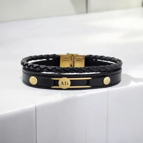 İsme Özel Yuvarlak Motifli Hakiki Siyah Derili 14 Ayar Altın Plakalı Hediye Bileklik-418 - Resim 2