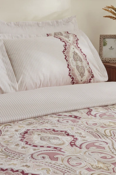 Lemy %100 Pamuk Çift Kişilik Nevresim Takımı Pamuk Saten Bordo - Resim 7