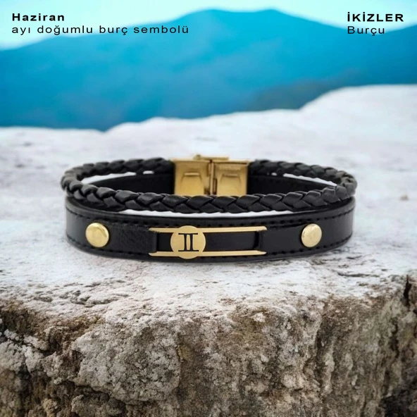 Doğum Ayına Özel 14 Ayar Altın Plakalı Yuvarlak Motifli Hakiki Siyah Derili Hediye Bileklik-418 - Resim 2