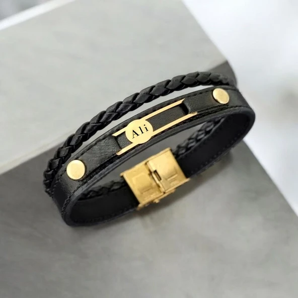 İsme Özel Yuvarlak Motifli Hakiki Siyah Derili 14 Ayar Altın Plakalı Hediye Bileklik-418 ürün görseli