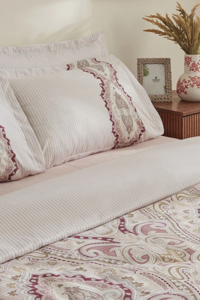 Lemy %100 Pamuk Çift Kişilik Nevresim Takımı Pamuk Saten Bordo - Resim 5