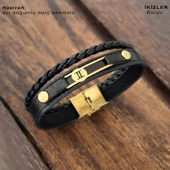 Doğum Ayına Özel 14 Ayar Altın Plakalı Yuvarlak Motifli Hakiki Siyah Derili Hediye Bileklik-418 ürün görseli