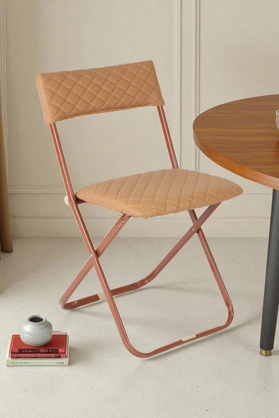 İronika Anatolia Metal Gövdeli Deri Kapitone Sandalye Katlanır Mutfak Bahçe Sandalyesi Kahve