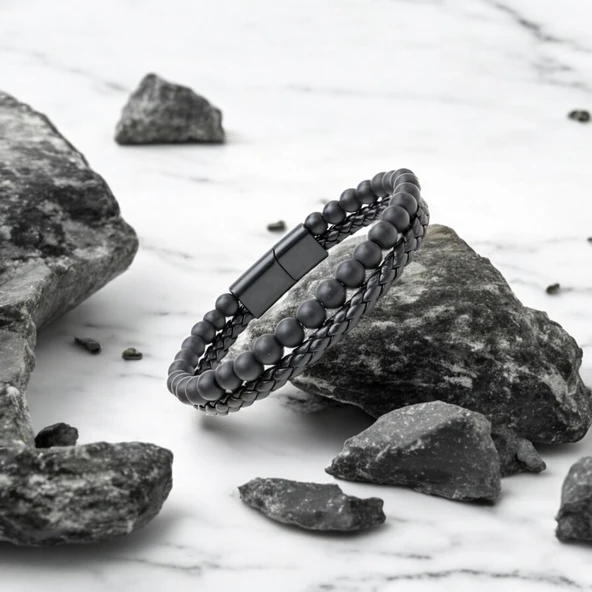 Oniks Doğaltaş Ve Deri Erkek Bileklik 31832B7D1 - Resim 3