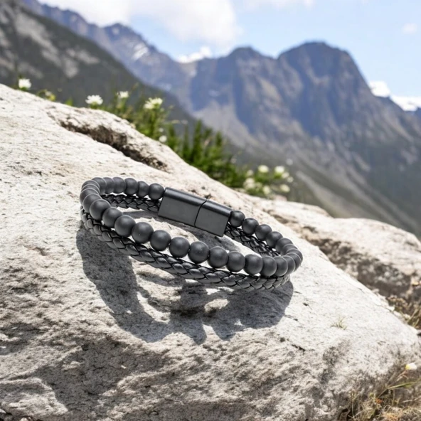 Oniks Doğaltaş Ve Deri Erkek Bileklik 31832B7D1 - Resim 2