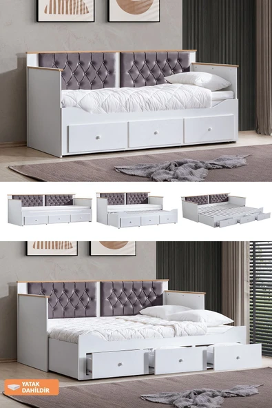 Yavrulu Karyola, Alaçatı Divan Karyola Çekmeceli Açılır Çift Kişilik Karyola Soft Yatak ürün görseli