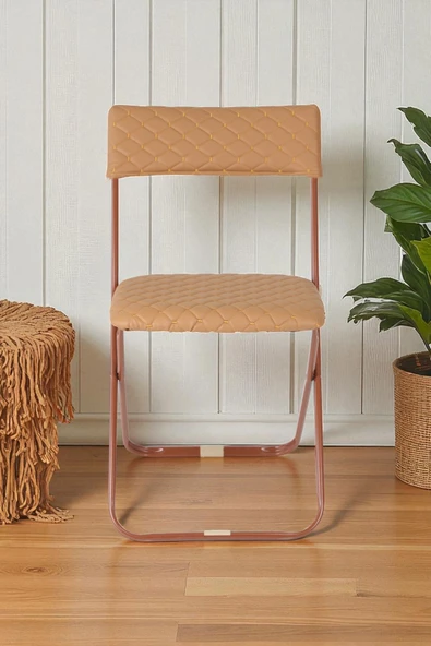 İronika Anatolia Metal Gövdeli Deri Kapitone Sandalye Katlanır Mutfak Bahçe Sandalyesi 4 Adet Kahve - 2