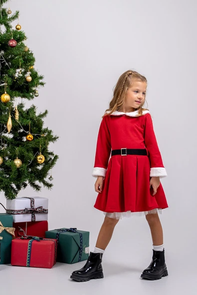 Kız Çocuk Kürk ve Kemer Detaylı ( 2-6 ) Yaş Tüllü Elbise - Resim 3