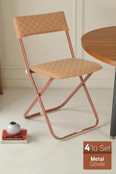 İronika Anatolia Metal Gövdeli Deri Kapitone Sandalye Katlanır Mutfak Bahçe Sandalyesi 4 Adet Kahve