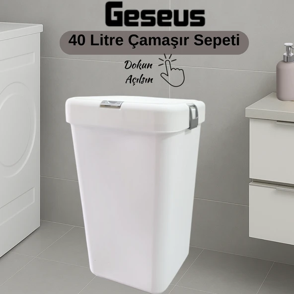 Gümüş Tekli Dokunmatik Çamaşır Sepeti Çöp Kovası Temizlik Kovası Kirli Sepet 40 Litre-MT008 - 1