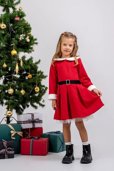 Kız Çocuk Kürk ve Kemer Detaylı ( 2-6 ) Yaş Tüllü Elbise - Resim 4