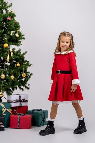 Kız Çocuk Kürk ve Kemer Detaylı ( 2-6 ) Yaş Tüllü Elbise - Resim 2