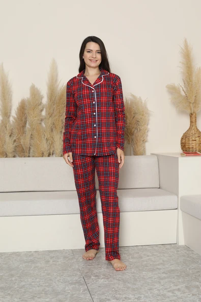 Kadın Pijama Takımı-Ekose Desenli - Pat Yakalı-Düğmeli 12284 - 4