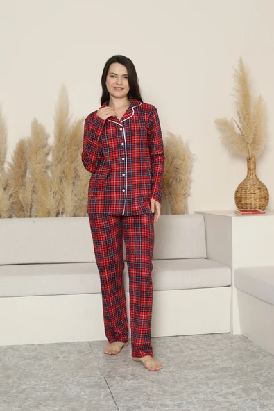 Kadın Pijama Takımı-Ekose Desenli - Pat Yakalı-Düğmeli 12284 - 3