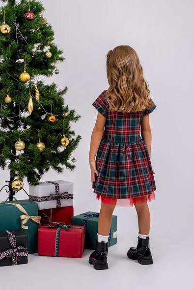 Kız Çocuk Ekose Desenli Fiyonklu Tüllü ( 2-6 ) Yaş Elbise - Resim 5