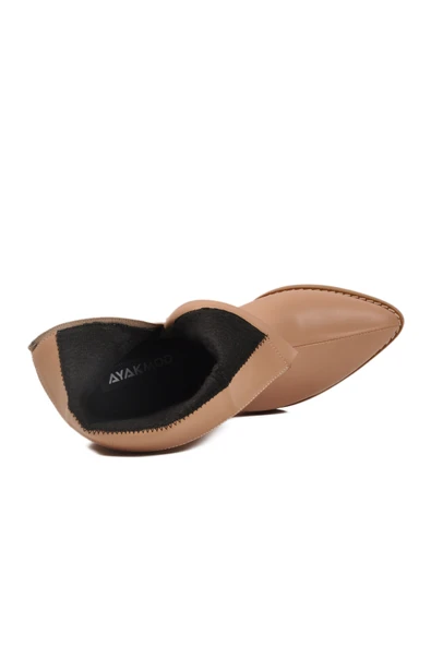 Ayakmod Bej Dar Kalıp Streç Bilek Boy Sivri Burun Polarlı Topuklu Kadın Bot 262326 Z - 4