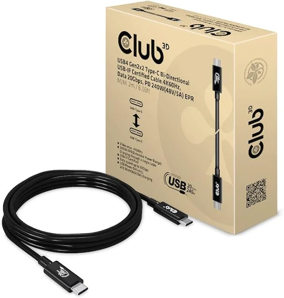 Club 3D CAC-1575 USB4 Gen3x2 Tip C - Tip C Çift Yönlü Kablo, 240W Şarj, 20Gbps Veri İletimi ve 4K60Hz Video 2m Destekler - 6.56ft ürün görseli
