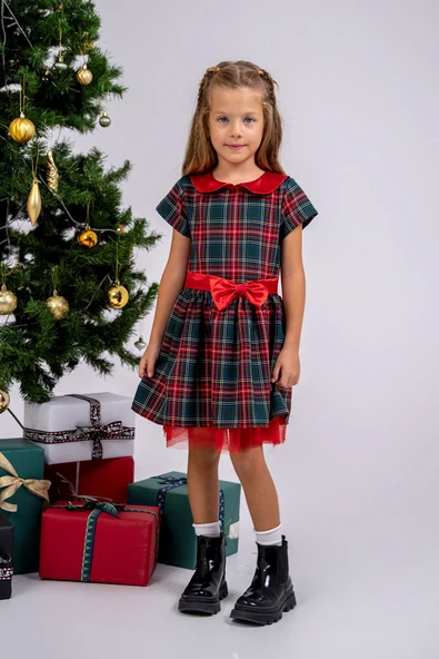 Kız Çocuk Ekose Desenli Fiyonklu Tüllü ( 2-6 ) Yaş Elbise - Resim 6