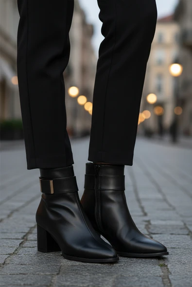 Ayakmod Siyah Dar Kalıp Streç Bilek Boy Sivri Burun Polarlı Topuklu Kadın Bot 262326 Z - 3